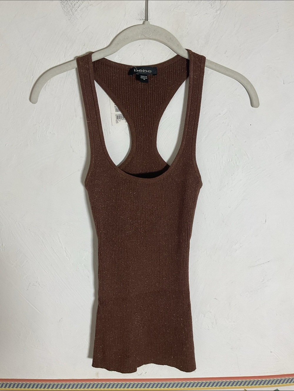 Bebe Metallic Rib Racerback Tank Top Brown Dark Amber Size M NWT